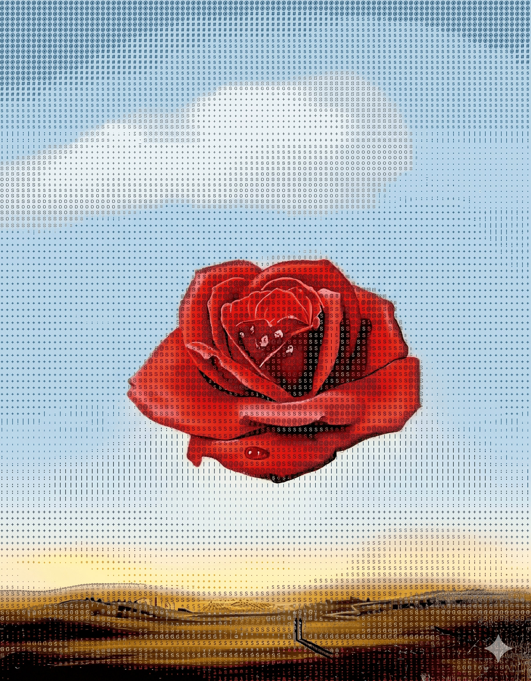 Red rose floating above a landscape in a pixelated sky