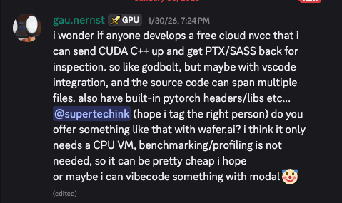Discord message from gau.nernst asking about cloud CUDA compilation