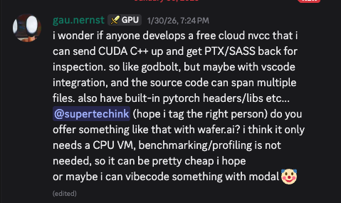 Discord message from gau.nernst asking about cloud CUDA compilation