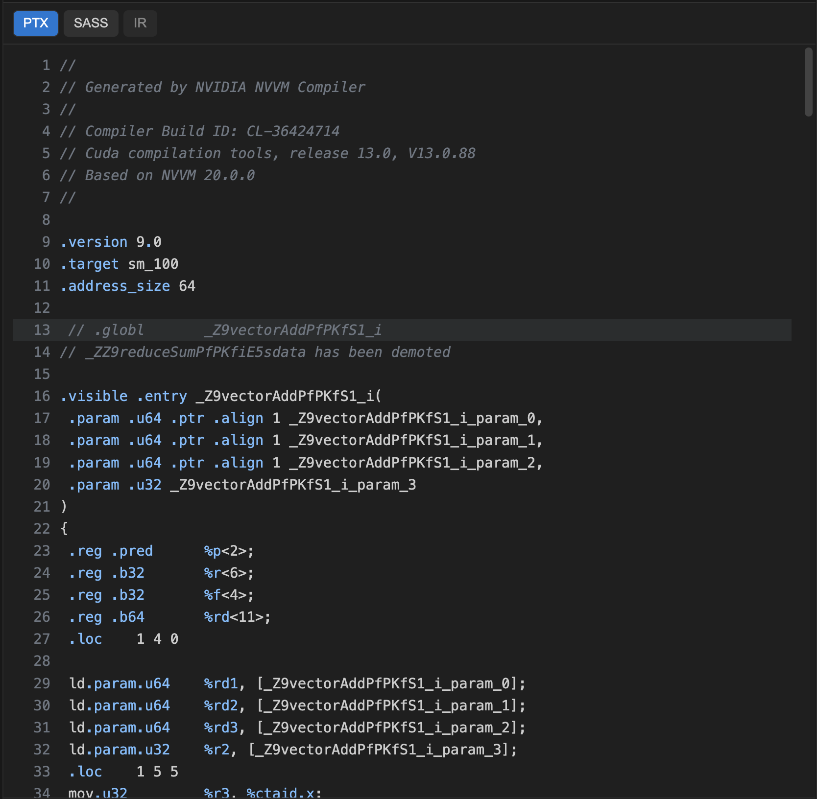 Compiler Explorer showing PTX and SASS